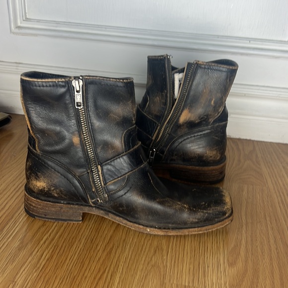 Frye Distressed Black Square Toe Moto Bootie Zip Up - Picture 3 of 7